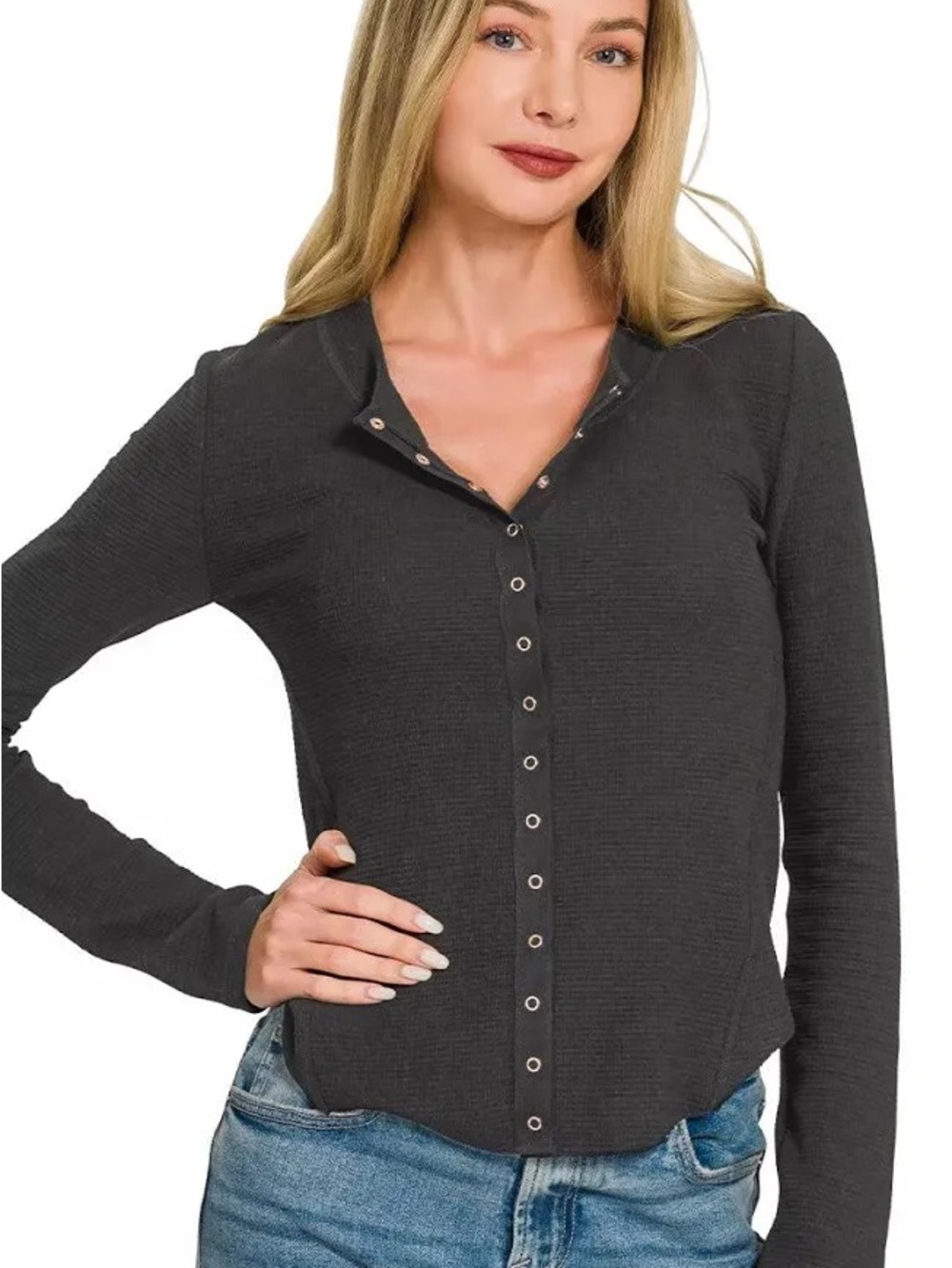 Zenana Outfitters Charcoal Long Sleeve Snap Henley